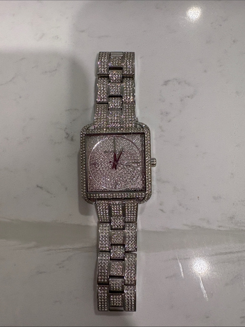 Michael Kors Silver Crystal Pave Square Dial Bracelet Watch